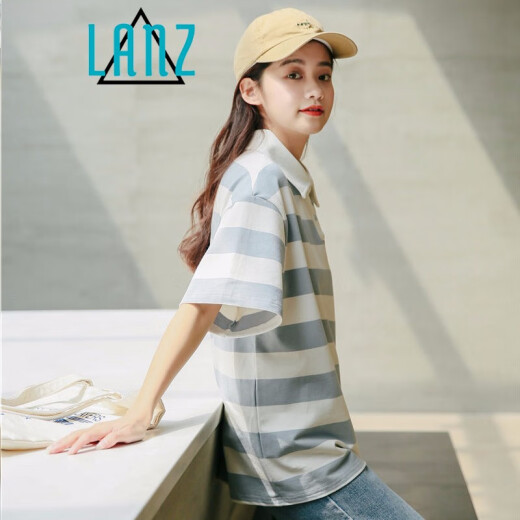 Lan Ye embroidered polo shirt girl's top summer new Korean style small fresh striped short-sleeved T-shirt female students loose cute blue one size