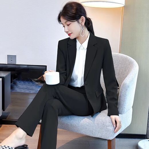 Small suit for women, spring, autumn and winter long-sleeved professional suit, business formal wear, interview, work, teacher sales work clothes, black female, suit jacket + pants + white shirt, 2XL size, about 115-124 Jin Jin is equal to 0.5 kg. Wear