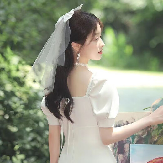 Dingjing Certificate Proposal Veil Bride Wedding Dress Wedding Internet Celebrity Style Super Fairy Beaded Bow Knot Fantasy Travel Photo Photo Props Children's Veil Fashion Headwear Bow Single Layer Beaded Veil F560 Hairpin Style