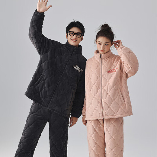 Kissing Cat Three-layer Thickened Island Velvet Couple's Quilted Pajamas Women's Winter Men's Suit Home Clothes Warm Outerwear 7023 Peach Pink Women's L