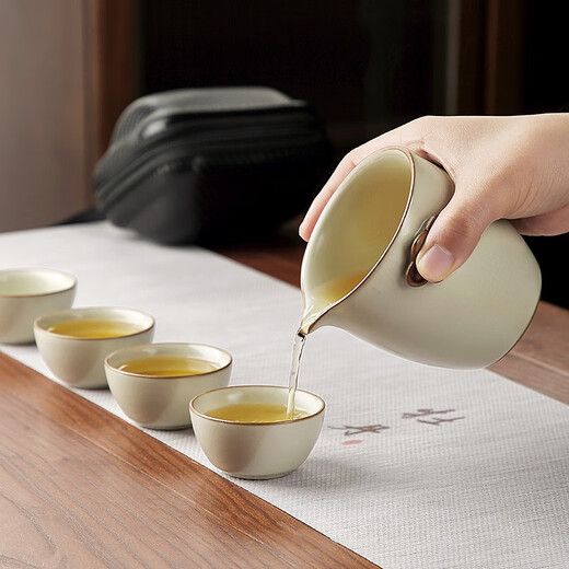 TANGFENG Beige Ruyao Travel Tea Set One Pot Four Cups Outdoor Portable Quick Cup Birthday Gift for Colleagues Beige Ruyi Quick Cup