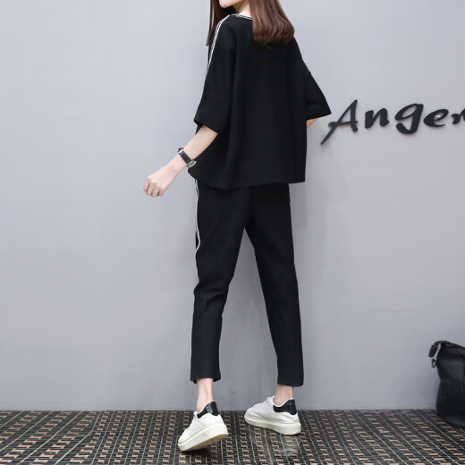 Vitto Women's 2019 Summer Sports Suit Fashion Korean Summer Casual Sweater Two-piece Sportswear Women's xbVT489 Black 3XL