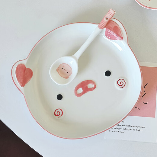 Persson (CERAMICS) Cute Cartoon Very Good-looking Rice Bowl 2025 New Tableware Set for Two Persons Cute Pig Two Bowls and Two Spoons