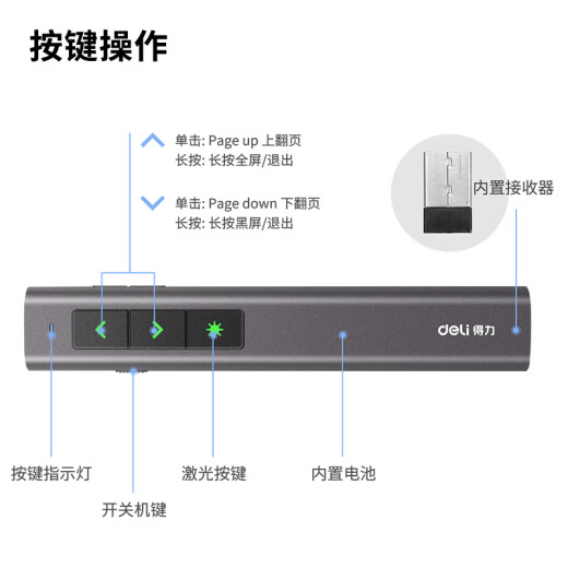 Deli laser pointer high-end series green light rechargeable volume adjustment pointer ppt slide page turning pen speech laser wireless presentation pen page turner 2809