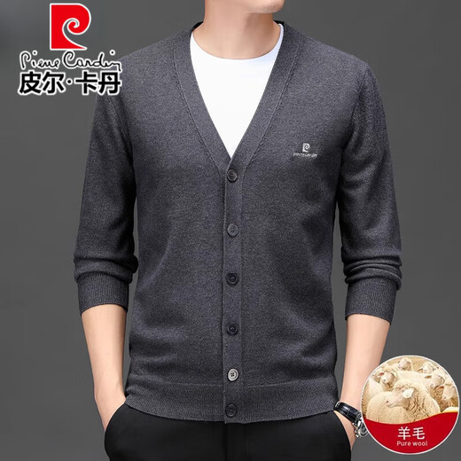 Pierre Cardin high-end wool knitted cardigan for men 100% wool autumn and winter 2025 new velvet thickened warm base sweater beige L 175/92A