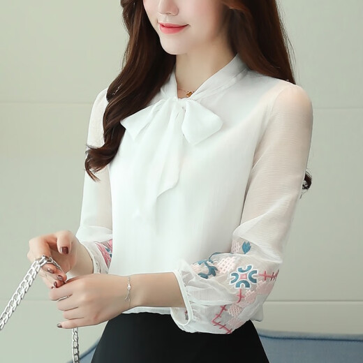 Xinlimei chiffon shirt for women 2020 spring and autumn new style fairy-like long-sleeved sweet embroidered bottoming shirt bow tie shirt for women spring fashion women's top white M