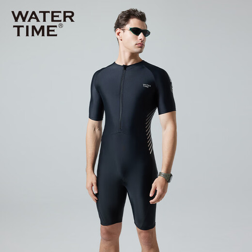 WATERTIME/Shuichuan Men's Swimsuit and Swimming Pants One-piece Short-Sleeved Diving Suit Men's Swimsuit Black Silver XL