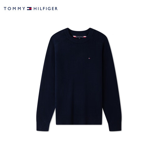 TOMMY HILFIGER男装羊毛羊绒混纺休闲纯色圆领内搭打底衫针织衫毛衣36789 藏青色DW5 XL （推荐：165-180斤）