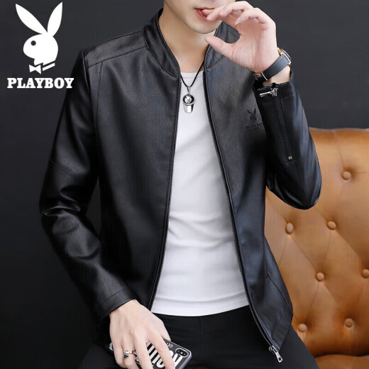 Playboy (PLAYBOY) leather jacket men's autumn Korean style jacket men's casual baseball collar jacket men's motorcycle men's black L