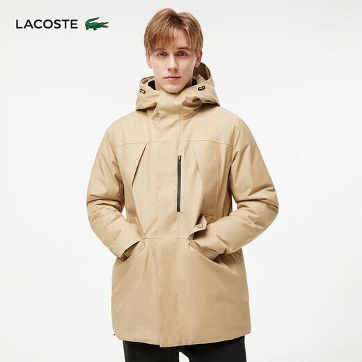 LACOSTE French crocodile men's simple casual solid color hooded goose down jacket | BH0696 02S/milk brown L 52