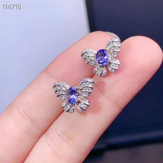 Zhanyuan S925 silver inlaid natural tanzanite earrings, exquisite and fashionable two-color butterfly earrings 4*5mm, light luxury and versatile temperament