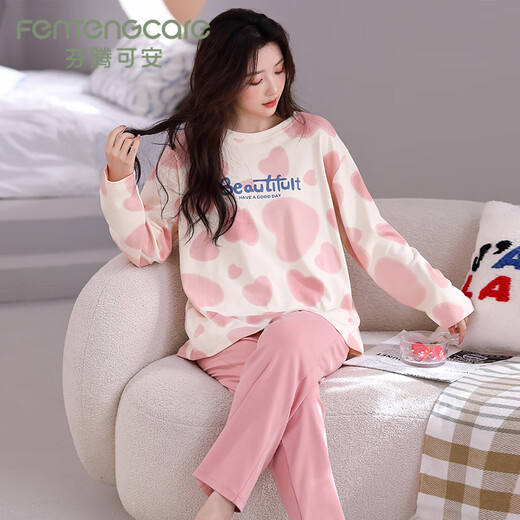 FENTENGCARE Women's Pajamas Women's Autumn and Winter New Product 100% Cotton Round Neck Pullover Long Sleeve Loose Casual Can Be Weared Outside Home Clothes Q3