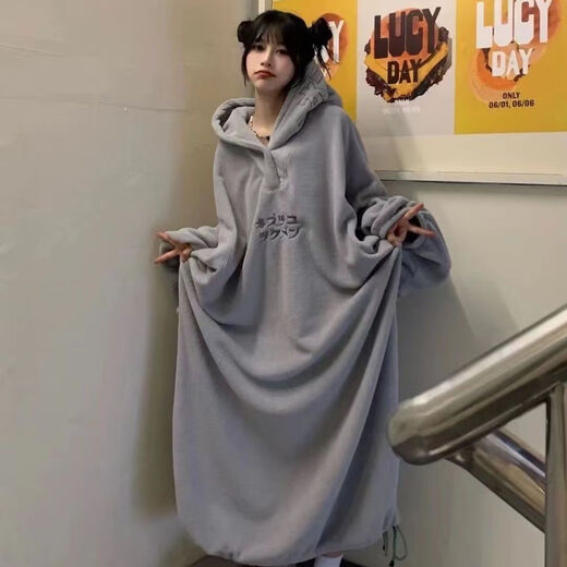 CEENIU Shuiyao daily rest pajamas and home clothes new autumn and winter oversized loose Japanese style plus velvet thickened hooded embroidery for men and women gray XL