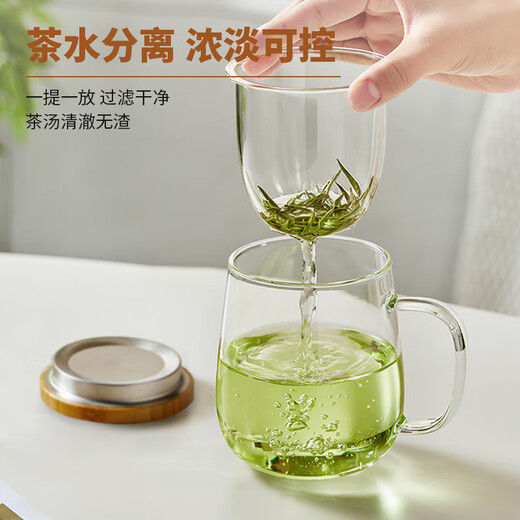 YIHUTEA tea cup tea water separation glass office household water cup men's tea cup glass high borosilicate green tea cup enlarged and thickened 500ML bamboo lid glass cup