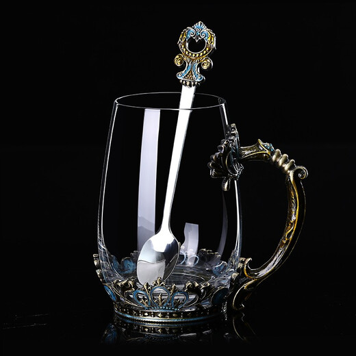 欧式皇冠珐琅彩水杯花茶杯套装创意轻奢茶杯玻璃杯ins风泡茶杯女 复古皇冠高矮对杯+珐琅勺+黄礼盒套装