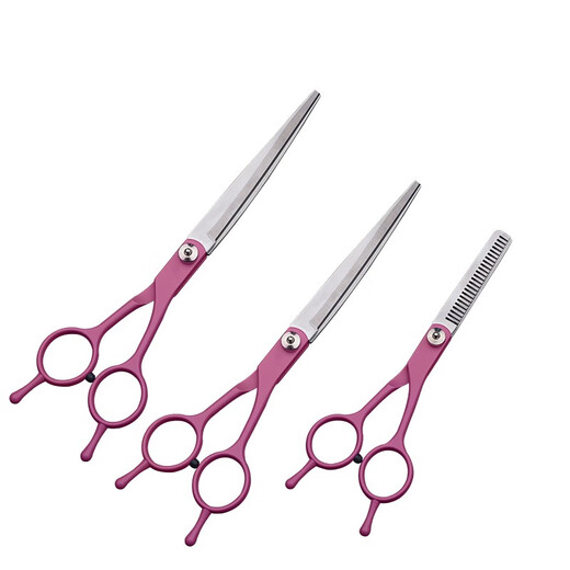 Tanizaki pet grooming scissors dog hair tool set 7-inch trimming scissors curved scissors Teddy cat and dog pet scissors #rose red straight scissors + curling scissors + dental scissors + steel comb + bag