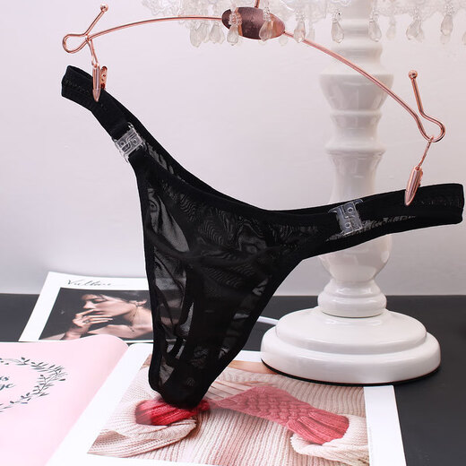Men's thong sexy transparent solid color see-through seamless removable movable buckle temptation sexy lace t-pants all black