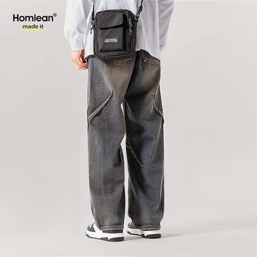 Homlean washed retro jeans men's spring and summer American loose pleated design straight long pants HS04 retro blue XL