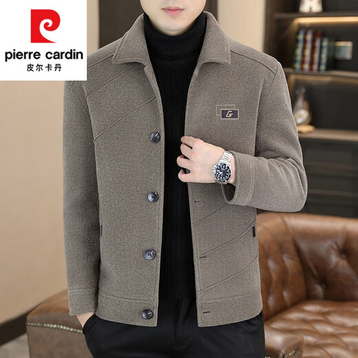 Pierre Cardin (pierre cardin) men's woolen jacket spring and autumn thickened tops young and middle-aged high-end lapel casual woolen jackets autumn and winter 8299 Khaki thickened velvet 3XL 155Jin Jin is equal to about 0.5 kg