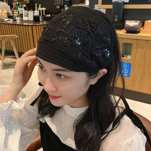 Scarf, hair accessories, woolen knitted headband, wide-brimmed autumn and winter warm headscarf for women, ear protection, headband to cover gray hair, rose-khaki color