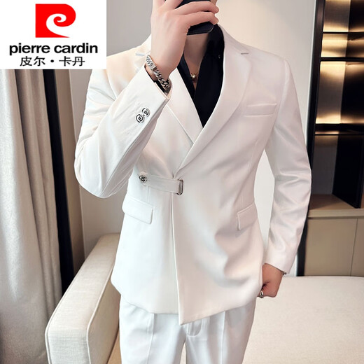 Pierre Cardin Autumn and Winter Light Mature Style Casual Suit Men's Suit Trendy Diagonal Buckle Personalized Slim Small Suit High-end Korean Version White Single-piece Suit 2XL