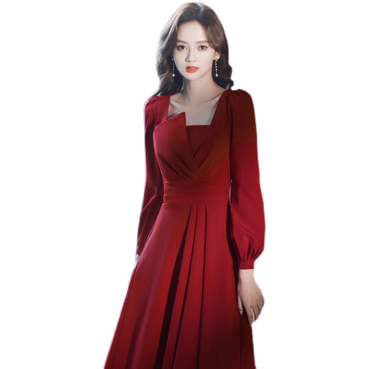 Pierre Cardin 2025 Autumn New Toast Wear Bride's Red Engagement Dress You Can Normally Wear Solid Color Evening Dress Red Mid-Length M