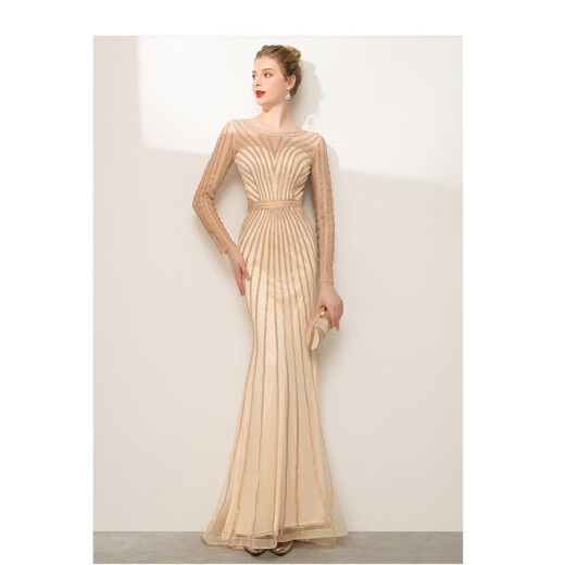 RoySa婼婼sa high-end evening dress for women's banquet, noble temperament, socialite fishtail long evening dress, elegant and slim annual party dress, champagne color sleeveless pre-sale M