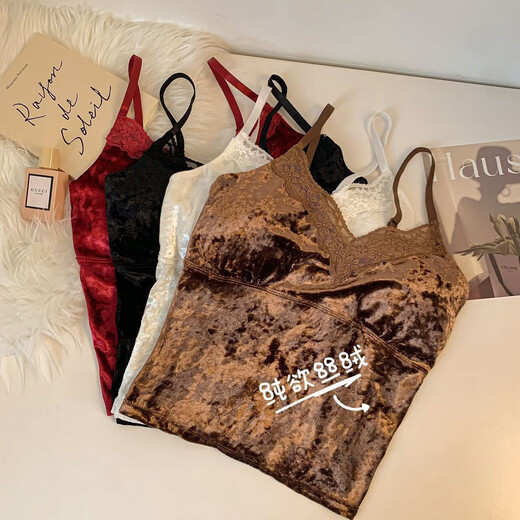 Landolan French sexy gold velvet pure lust lace camisole for women with breast pads, high-end slim bottoming top, white, one size fits all