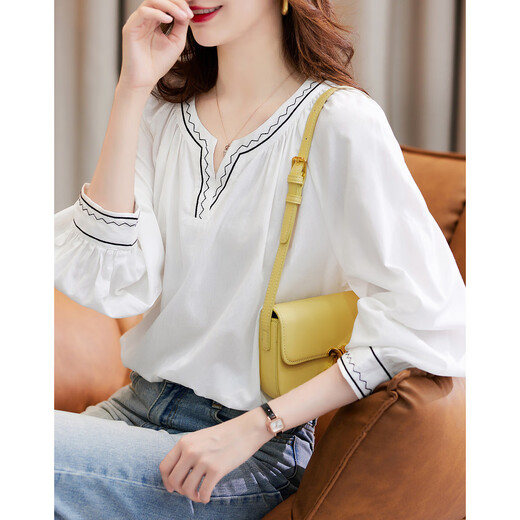 Demana (dme) contrasting color embroidered shirt spring and autumn V-neck loose long-sleeved simple shirt women's top
