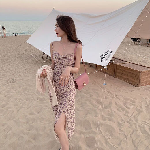 GOCHIEI2025 Women's Summer Outerwear Floral Suspender Dress Temperament Sleeveless Floral Skirt Slim Sexy Long Dress Fashionable Brown XL Recommended 118-135 Jin Jin equals 0.5 kg