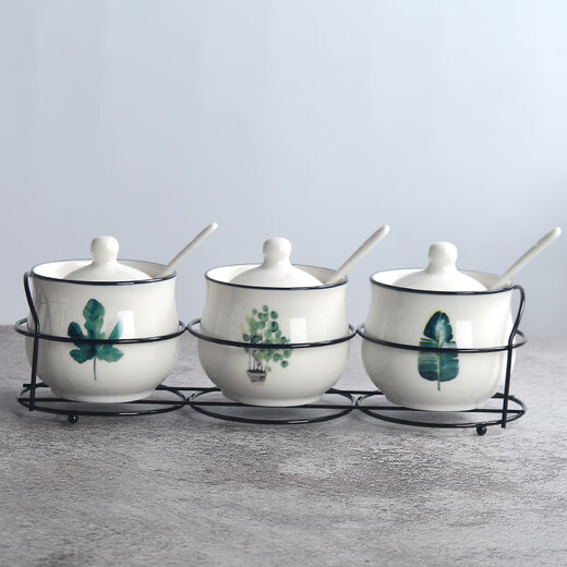 Molin Ceramic Seasoning Jar Seasoning Box 4 Set Kitchen Supplies Household Seasoning Bottle 3-piece Set Salt Shaker MSG Chili Single Green Leaf Three-piece Set (with Stand)