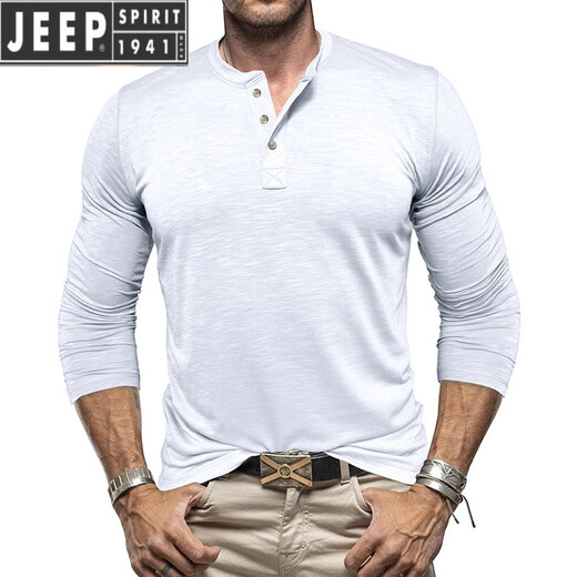 JEEP SPIRIT European and American tough guy Ami khaki American retro loose T-shirt cotton Henry collar long-sleeved inner layered shirt trendy men's military green XL