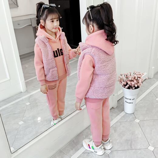 Tongmawu three-piece children's clothing set for girls, middle-aged and older children's autumn and winter velvet thickened coats, vests, sweatshirts and pants, warm girls' orange 130 (recommended height 125cm)