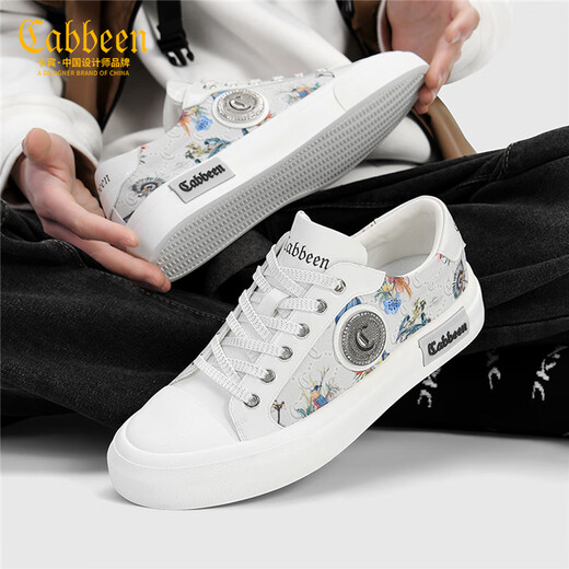 Carbin men's shoes genuine summer new breathable casual board shoes men's fashionable low-top canvas shoes men's printed shoes men's trendy shoes white 40 [=sports shoes size 41]