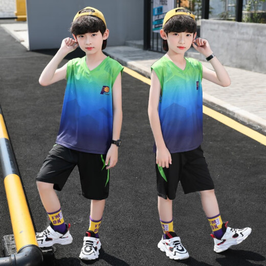 Children's clothing boys summer suit summer quick-drying clothes 2020 new summer basketball clothing children's sports vests for big children two-piece set dazzling green 150cm