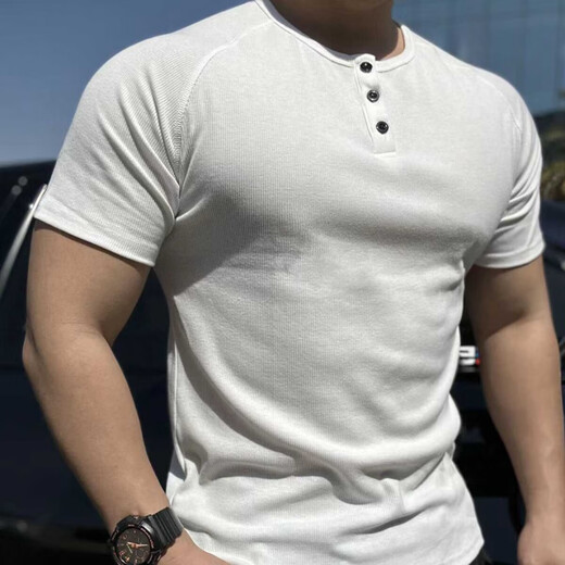 PAIJISHA American coarse threaded Henley shirt short-sleeved sharp shirt short-sleeved men's heavy-fitting POLO shirt sports leisure fitness training black L 115-135Jin Jin equals 0.5 kg