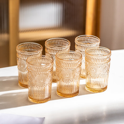 Modern housewife No details Glass embossed household water cup set Women's ins style cup Summer coffee cup complete set Small flower low cup 300ML (six pieces) + cup holder set