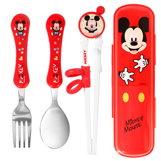 Disney children's tableware set baby eating training learning chopsticks stainless steel fork and spoon portable storage box four-piece set Mickey
