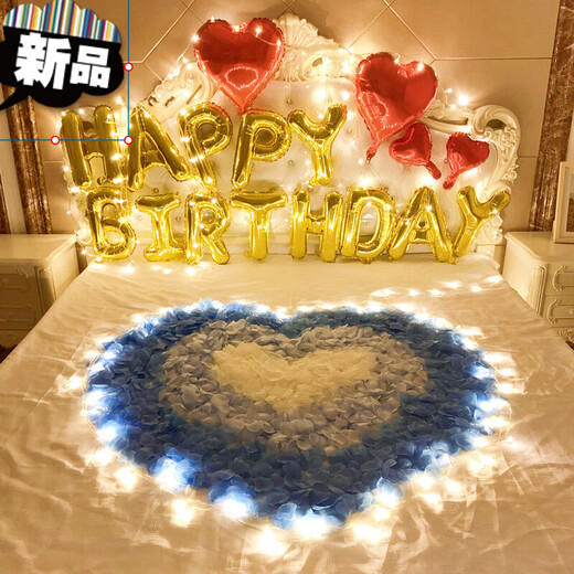 Decorate birthday scene for wife's room birthday, romantic Valentine's Day, rose petals, wedding room, confession and proposal, room bed decoration, romantic petal lantern package 1 (with 10-meter light string, pump + tape)