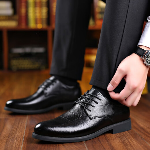 Oubu leather shoes men's British formal shoes business casual work leather shoes lace-up wedding leather shoes R black 41