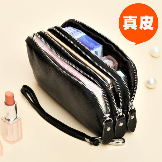 SHARELOVE Genuine Leather Small Hand Bag Women Can Hold Mobile Phone Mini Portable Coin Purse Three-Layer Zipper Wrist Bag First-Layer Cowhide Three-Layer Zipper - Black