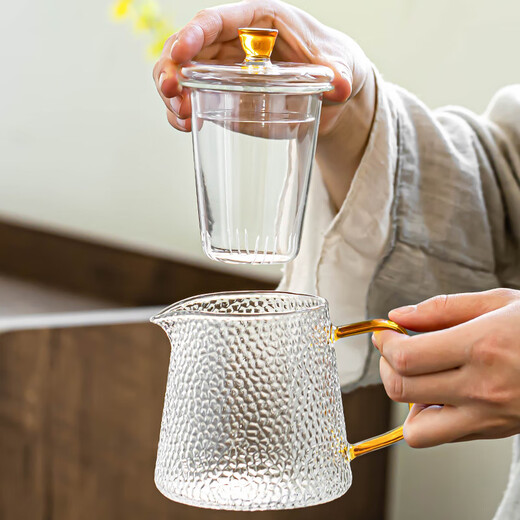 Porcelain brand tea set, hammered glass tea set, simple Japanese style high temperature resistant kung fu tea cup, office teapot, tea tray small set, hammered elegant 7-piece set + round melamine plate, 8 pieces