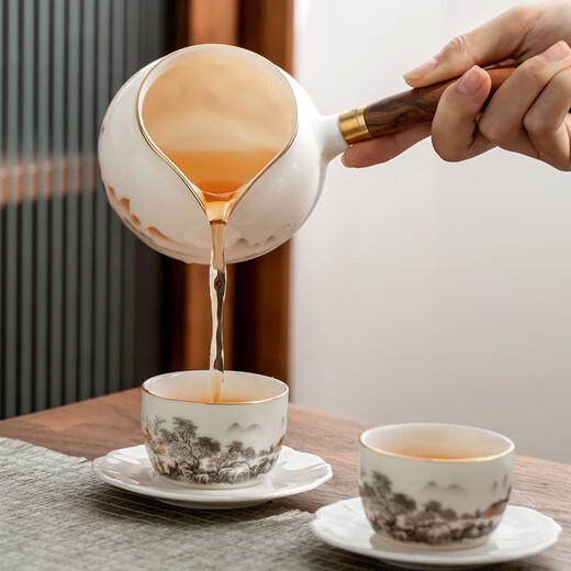 Gold inlaid jade Kung Fu tea set Chinese white mutton fat jade porcelain household ceramics white porcelain tea making set gift gift box ink Jiangshan side handle jade plate mutton fat jade porcelain set