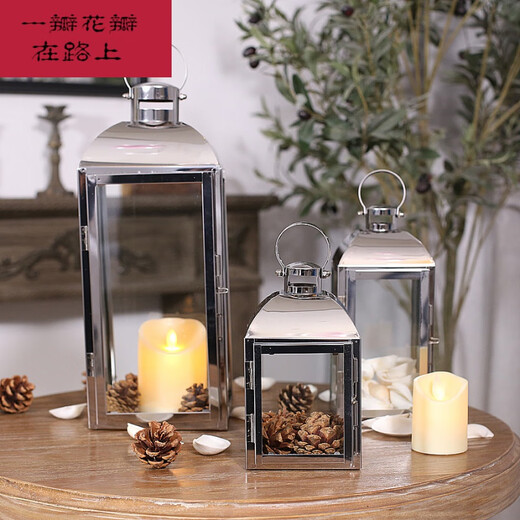 烛台烛光晚餐欧式简约不锈钢轻奢烛台摆件金色银色防风风灯浪漫 6629L香槟金加电子蜡烛7.5*20CM