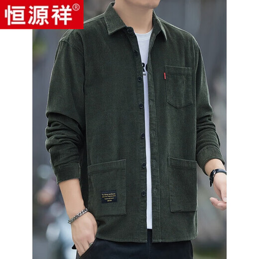 恒源祥重磅新款纯棉灯芯绒长袖衬衫男士春秋款港风工装全棉衬衣外套大码 KC688咖啡色(灯芯绒加 绒三口袋) XL (建议130-145斤)