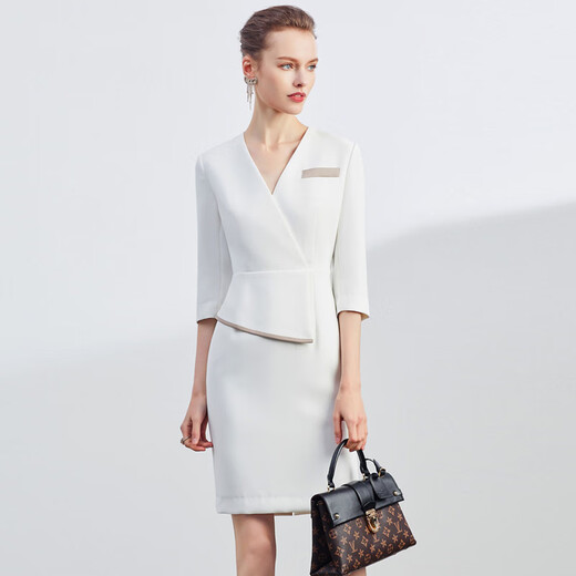 FASLOV Pendeln Exquisite Arbeitskleidung Damen Verkaufsabteilung Hotel Kundenservice Kleid Hosting Bankett Geschäftskleidung Weißes Kleid L