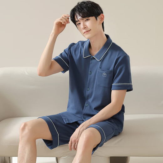 爱芬柔睡衣男士夏季纯棉短袖家居服青少年夏天休闲简约薄款外穿大码套装 12808JYR 3XL 体重160-180斤