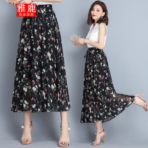 Yalu Free and Easy Chiffon Skirt Women's Summer Half-length Skirt Pleated Skirt A-line Skirt One-step Elastic High Waist Fashion YL-JM-517-5 Designs and Colors 5 One Size