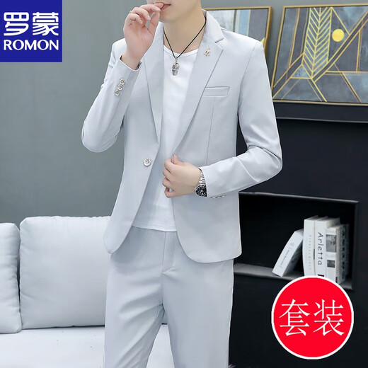 ROMON Korean style casual spring and autumn suit men's slim business formal suit groom handsome British casual small suit men black (three-piece suit - top + pants + T-shirt) L 105-120Jin Jin equals 0.5 kg