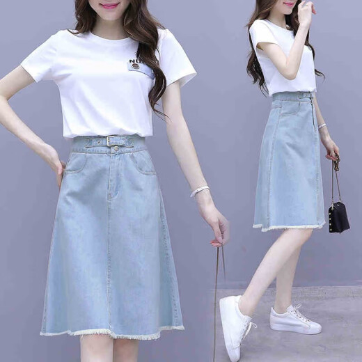 ZiSe dress women's summer 2020 new Korean style large size fashion suit women's casual clothes spring summer short-sleeved denim chiffon cotton and linen temperament skirt two-piece suit skirt white M